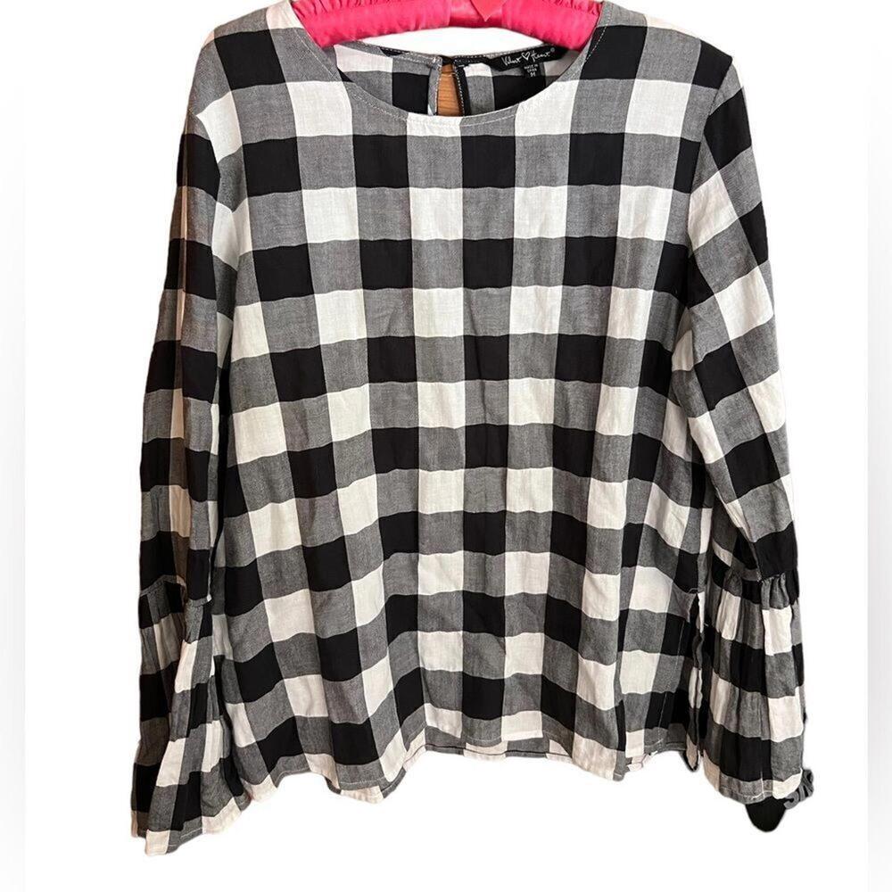Velvet Heart black & white buffalo plaid long bell‎ sleeve top women's size M